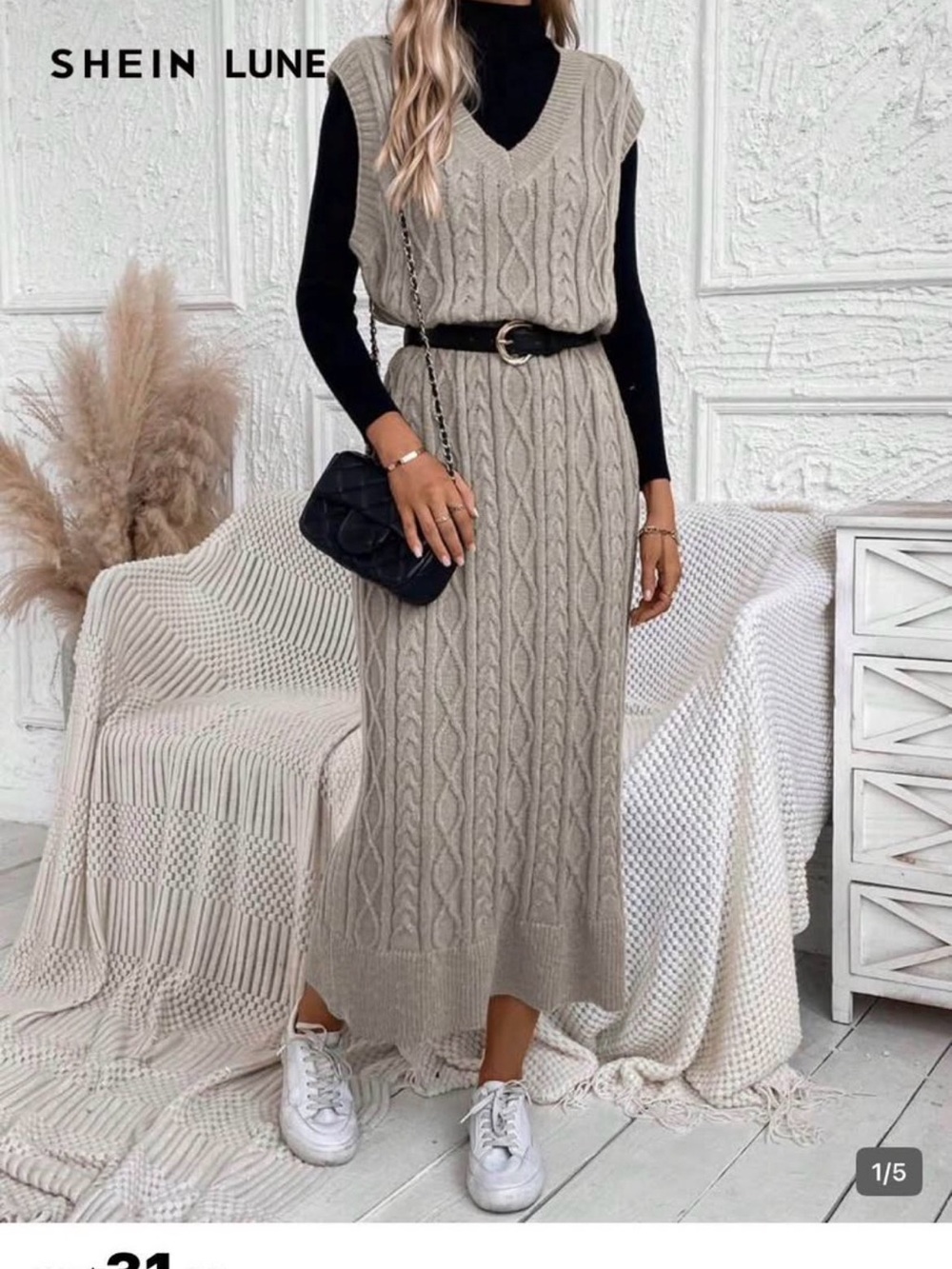 SHEIN Beige Cable Knit Sleeveless Midi Dress